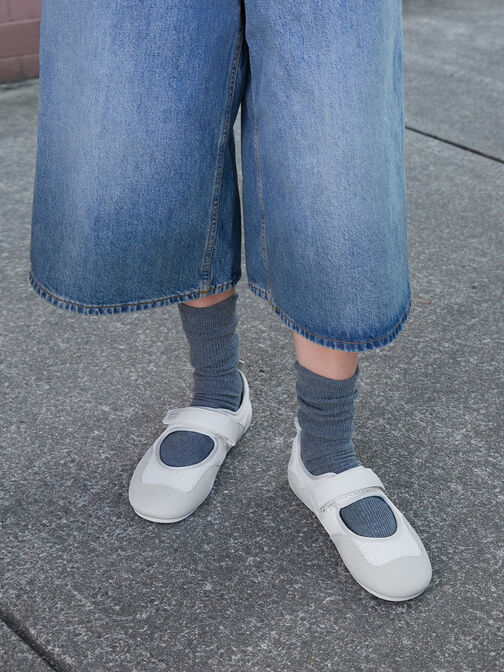 Mesh Contrast-Panel Mary Jane Sneakers, White, hi-res
