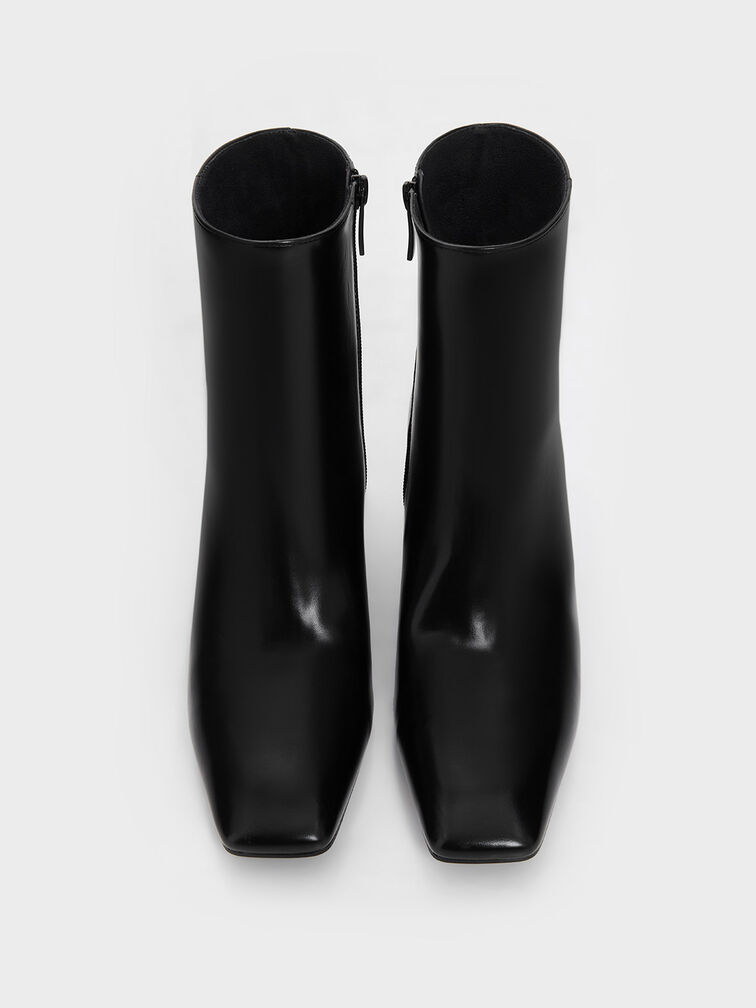 Curved Block Heel Ankle Boots, Black, hi-res