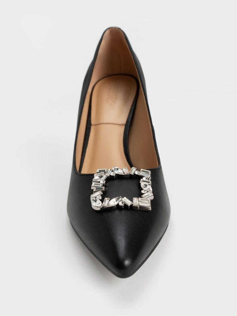 Leather Gem-Embellished Pumps, Black, hi-res