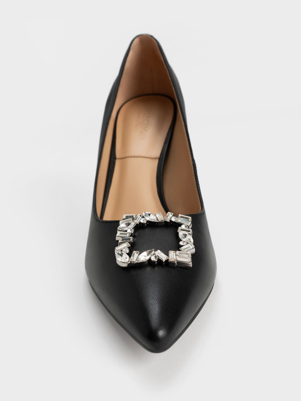Leather Gem-Embellished Pumps, Black, hi-res