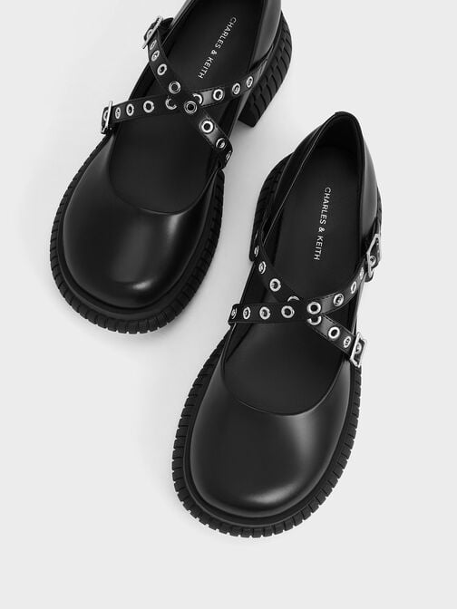 Grommet-Strap Platform Mary Janes, Black, hi-res