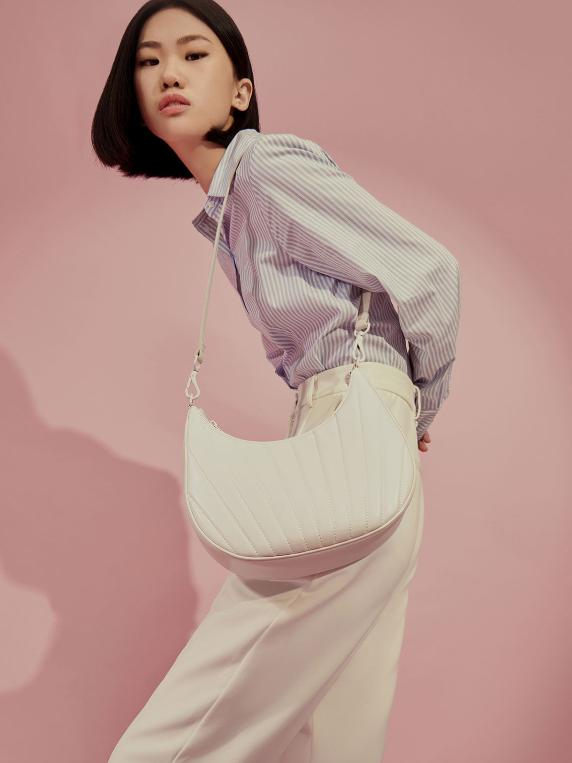Cream Aurora Chain Handle Panelled Crescent Bag - CHARLES