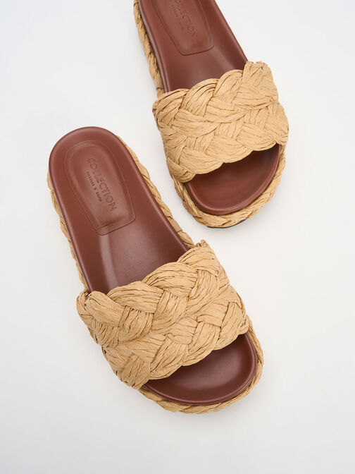 Tali Raffia Braided Slides, Dark Brown, hi-res