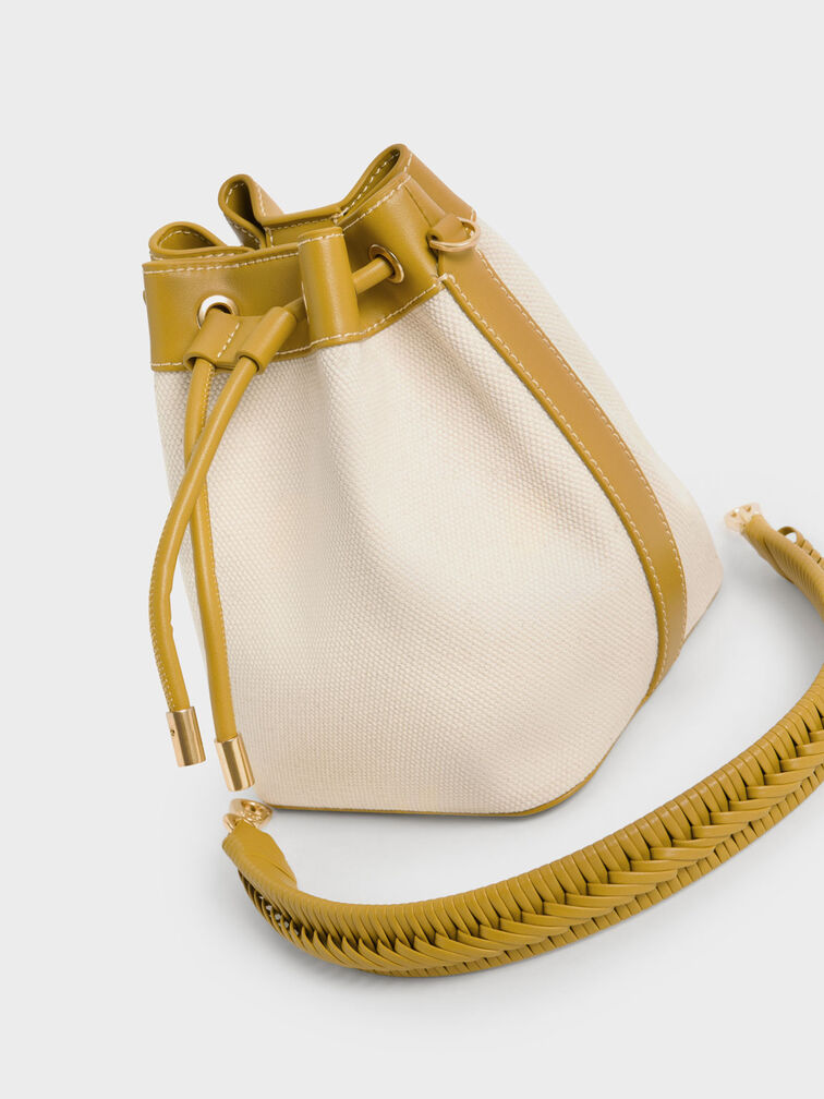 Braided-Handle Drawstring Bucket Bag, Mustard, hi-res