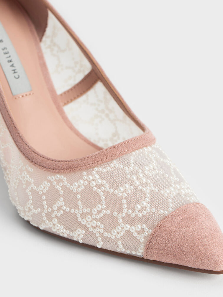 Bead-Embellished Mesh Pumps, Nude, hi-res