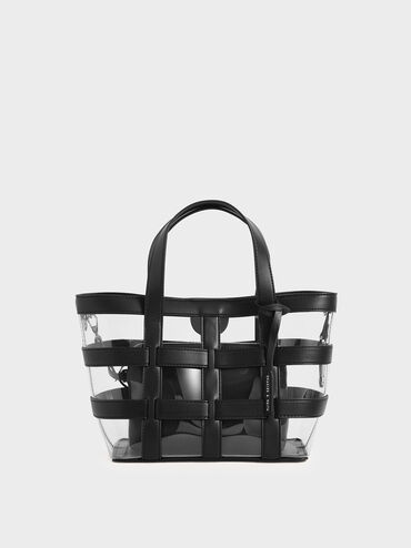 Caged See-Through Tote Bag, Black Textured, hi-res