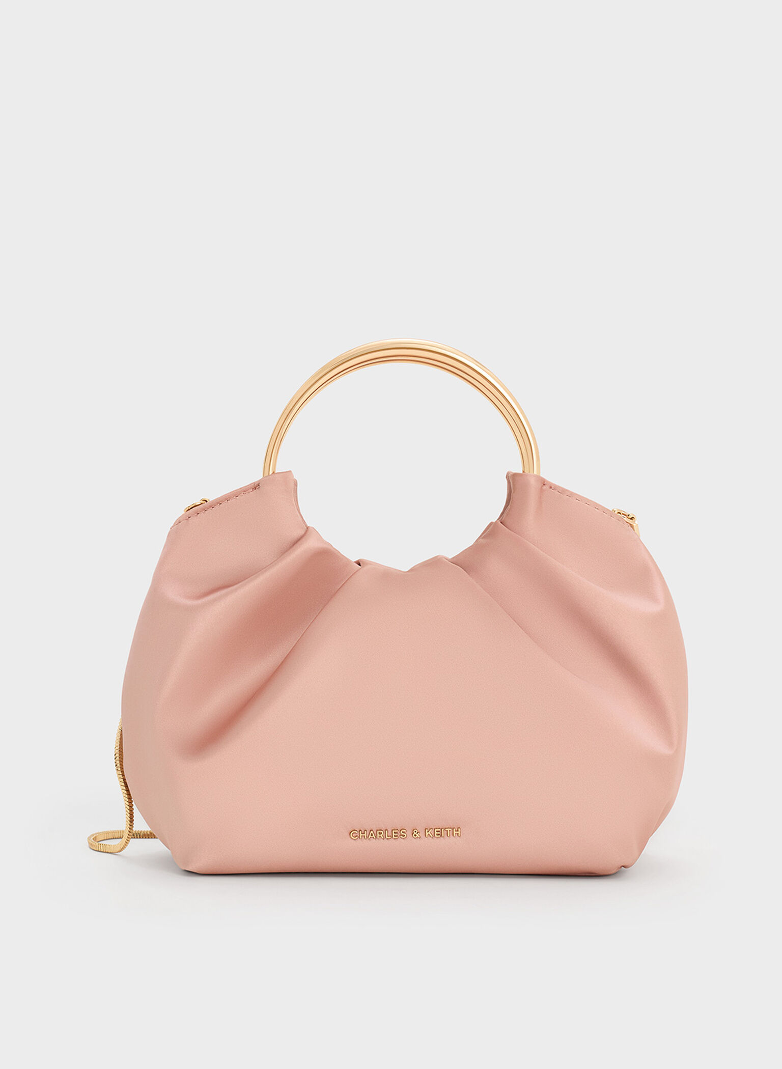 Bolso fruncido de satén con asa tipo anillo, Rosa bailarina, hi-res