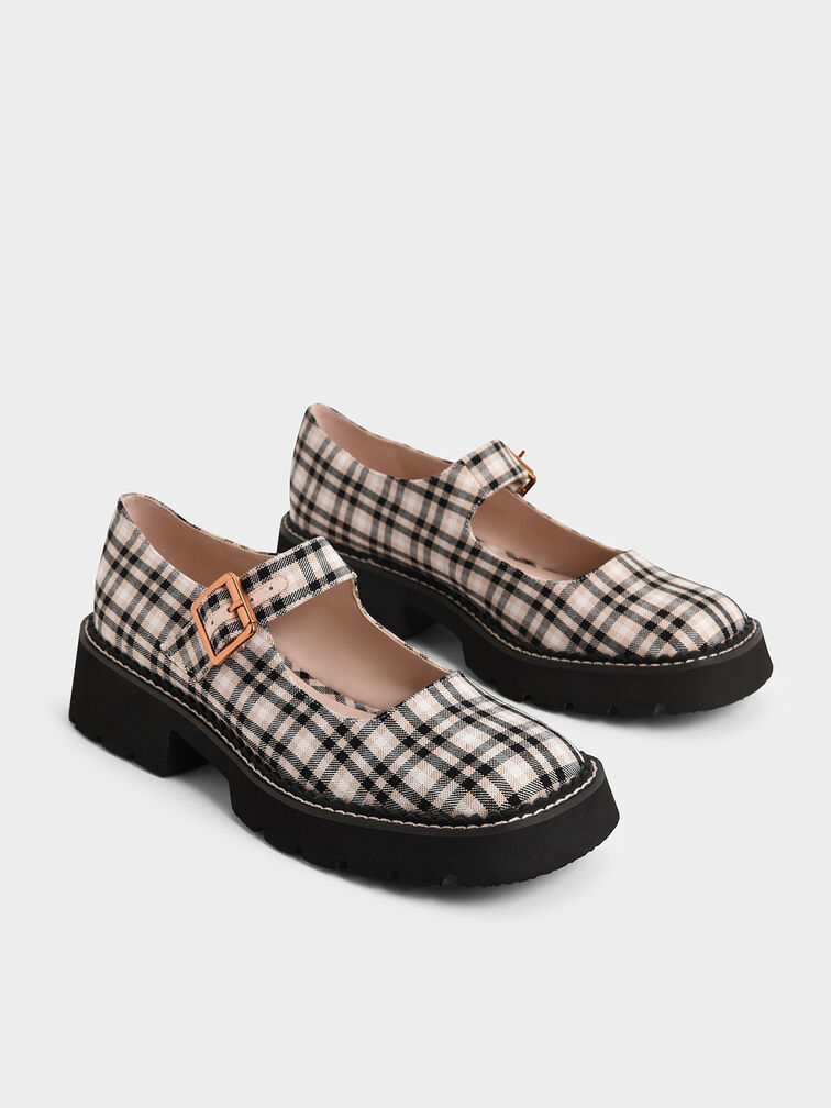 Metallic Buckle Check-Print Mary Janes, Multi, hi-res