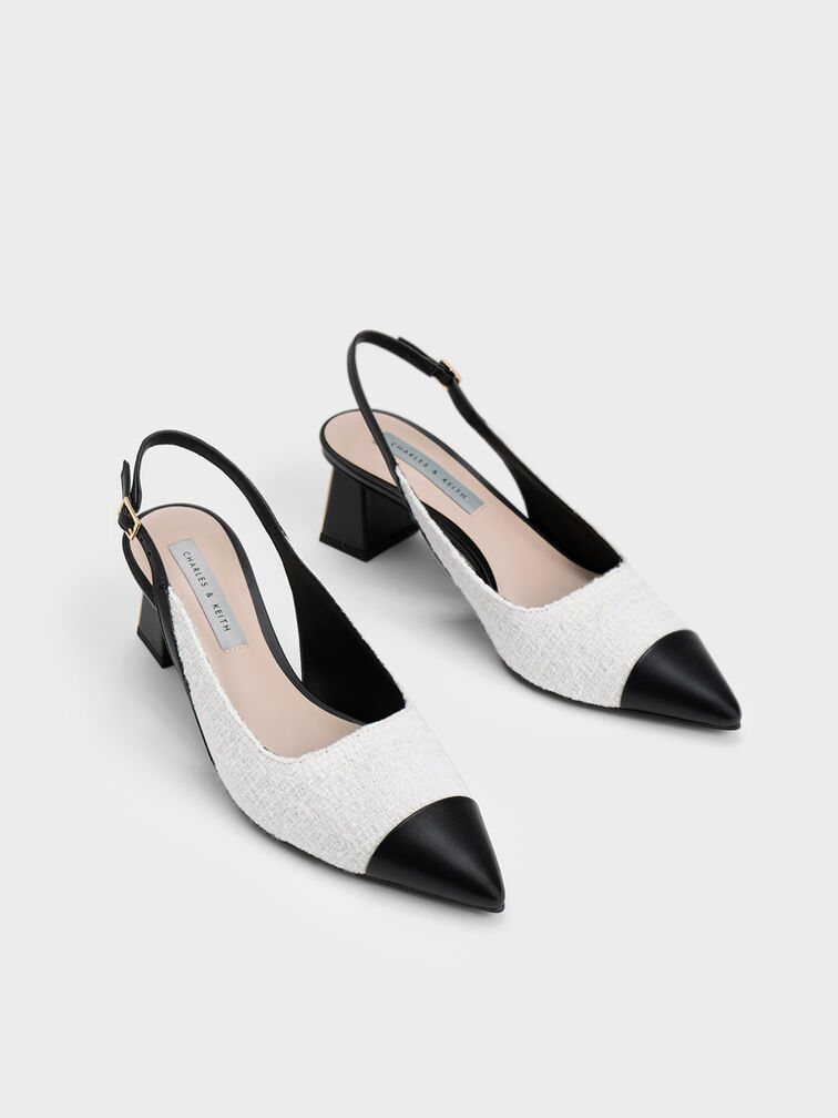 White Tweed Toe Cap Slingback Pumps - CHARLES & KEITH US