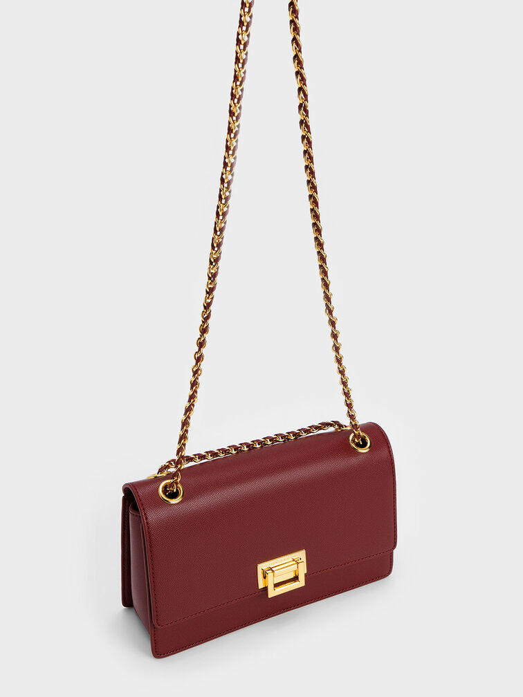 Metallic Accent Front Flap Bag, Burgundy, hi-res