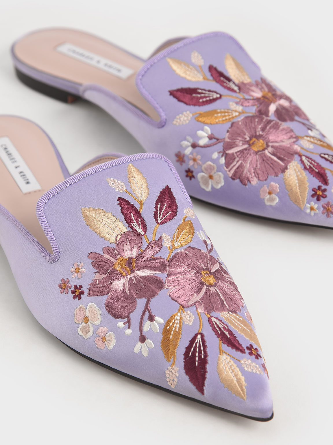 Satin Floral Embroidered Mule Flats, Lilac, hi-res