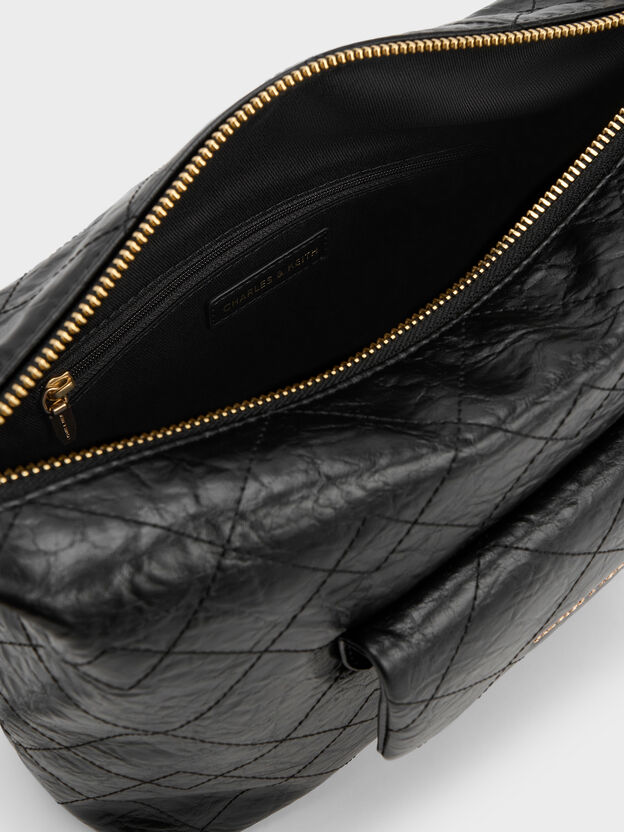 Bolso hobo acolchado con bolsillo delantero Duo, Negro, hi-res