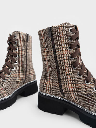 Checkered Chain-Trim Lace-Up Boots, Dark Brown, hi-res