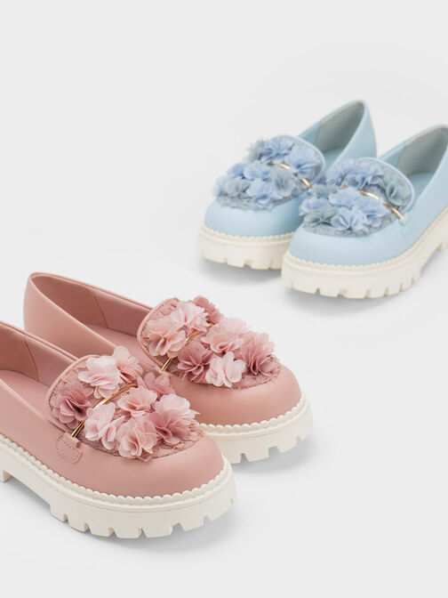 Girls' Floral Mesh Loafers, Light Blue, hi-res