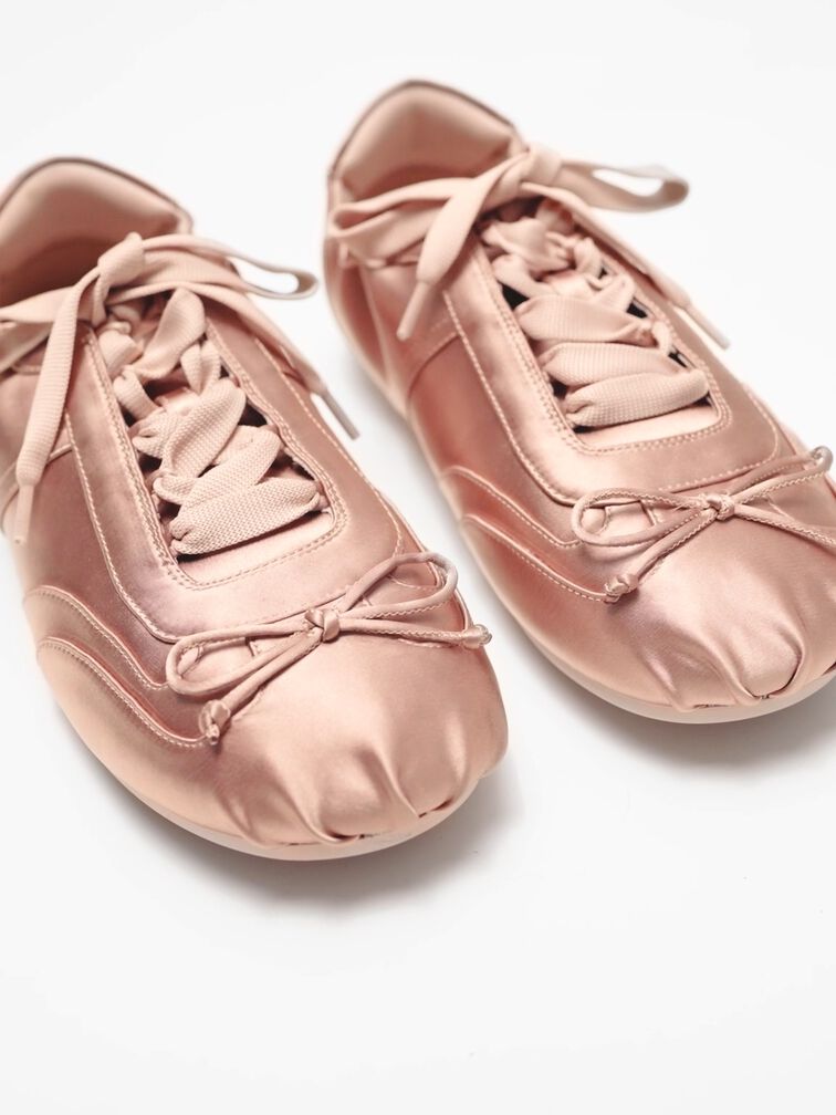 Cece Satin Ruched Bow Sneakers, Nude, hi-res