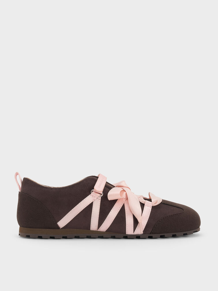 Silko Faux Suede Satin-Lace Ballet Sneakers, Dark Brown Textured, hi-res