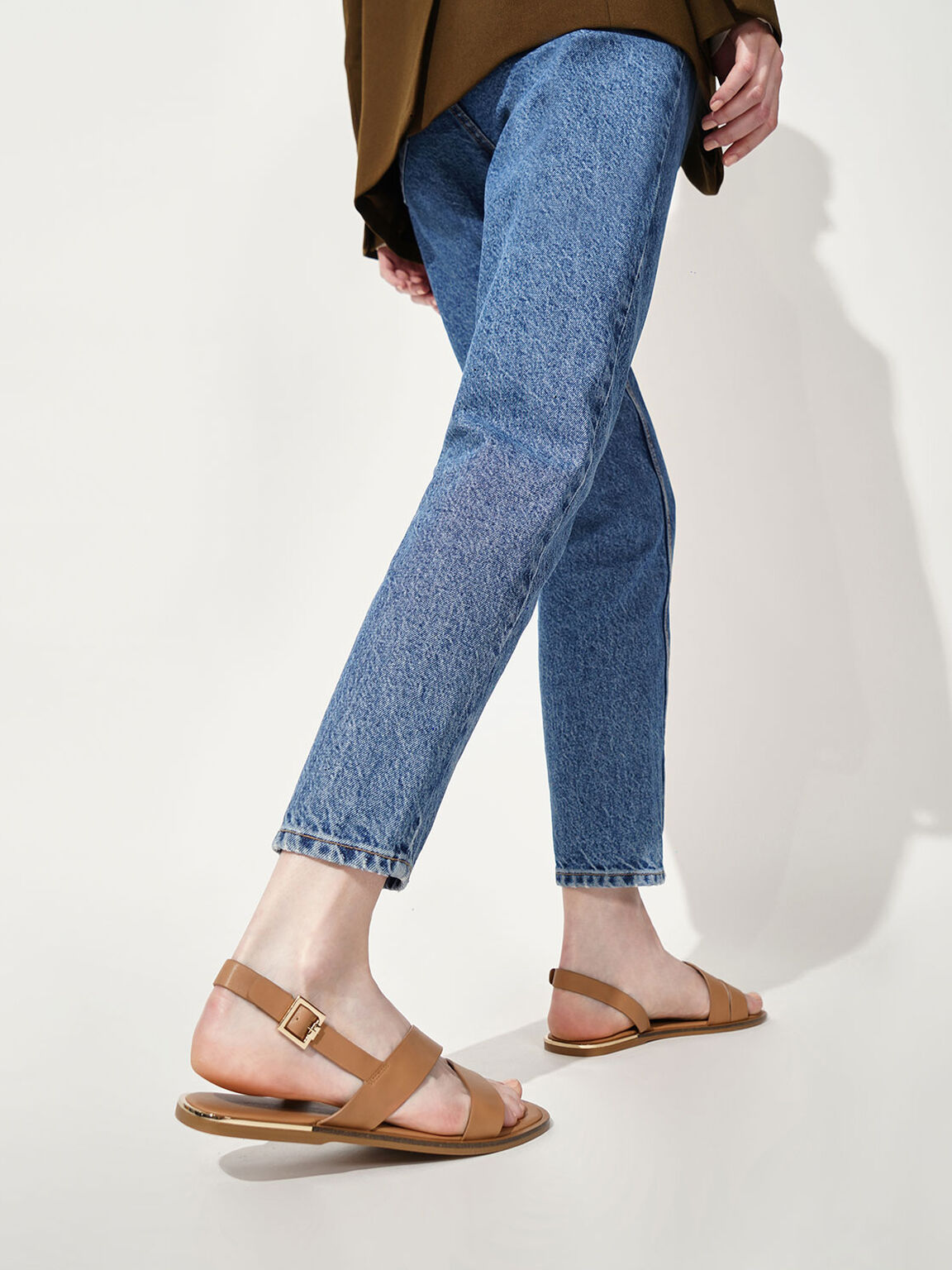Asymmetric Strap Slingback Flats, Caramel, hi-res