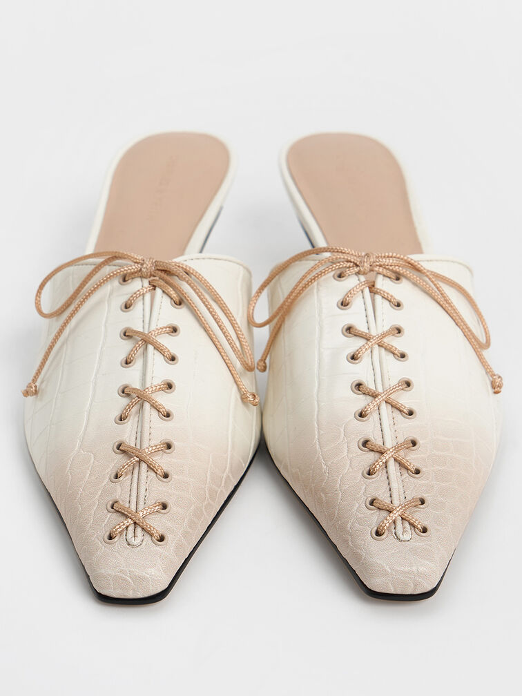 Croc-Effect Lace-Up Pointed-Toe Kitten-Heel Mules, Animal Print Natural, hi-res
