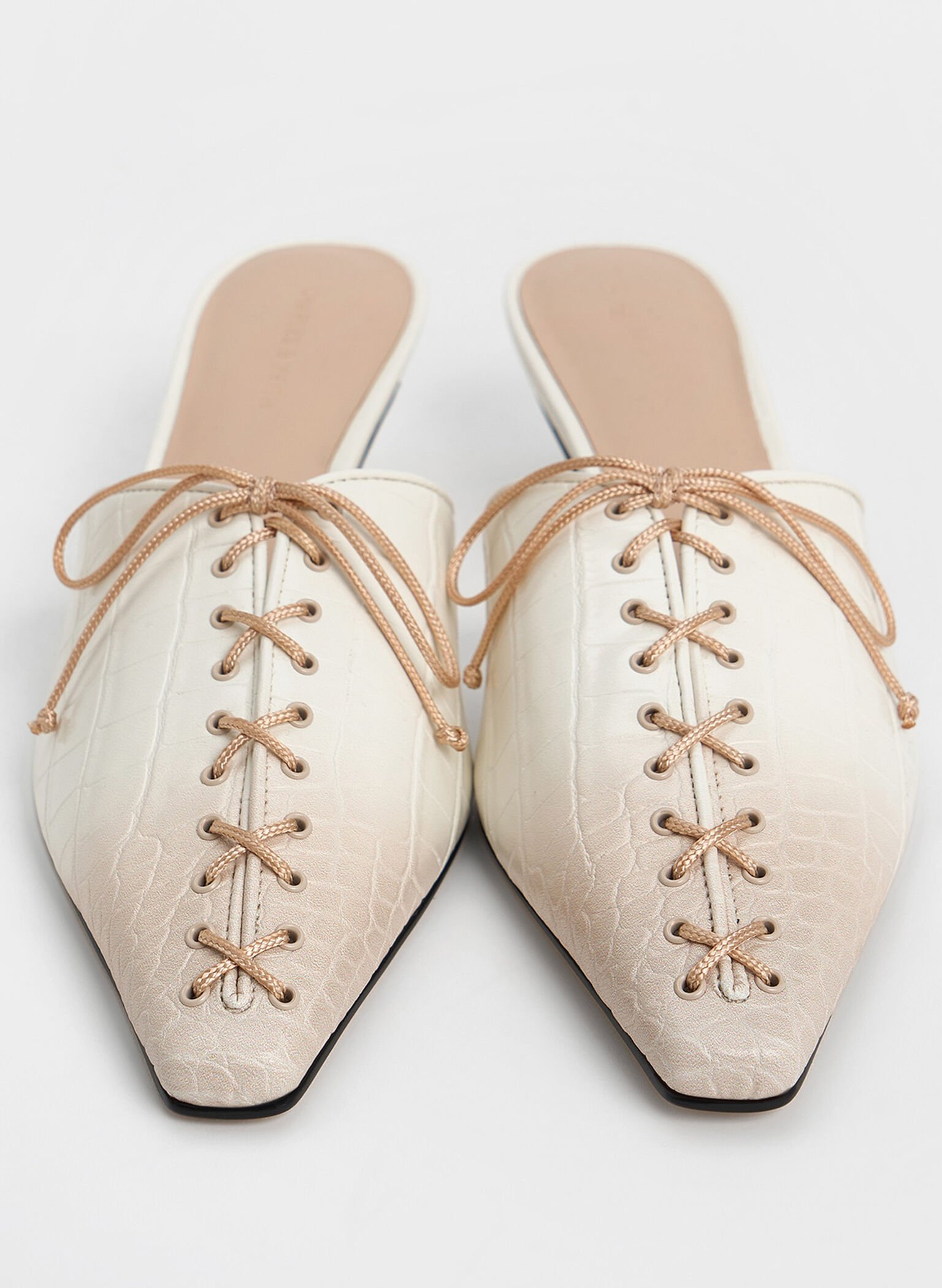 Croc-Effect Lace-Up Pointed-Toe Kitten-Heel Mules, Animal print natural, hi-res