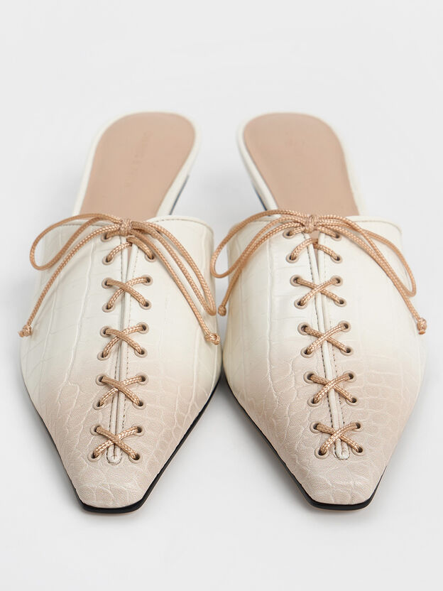 Croc-Effect Lace-Up Pointed-Toe Kitten-Heel Mules, Animal Print Natural, hi-res
