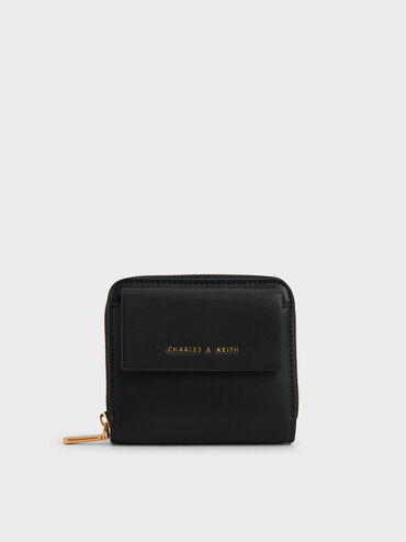 Front Flap Zip-Around Mini Wallet, Black, hi-res