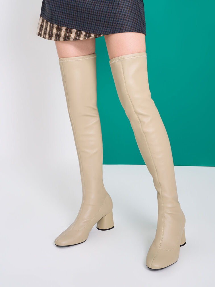 Cylindrical Heel Thigh-High Boots, Taupe, hi-res