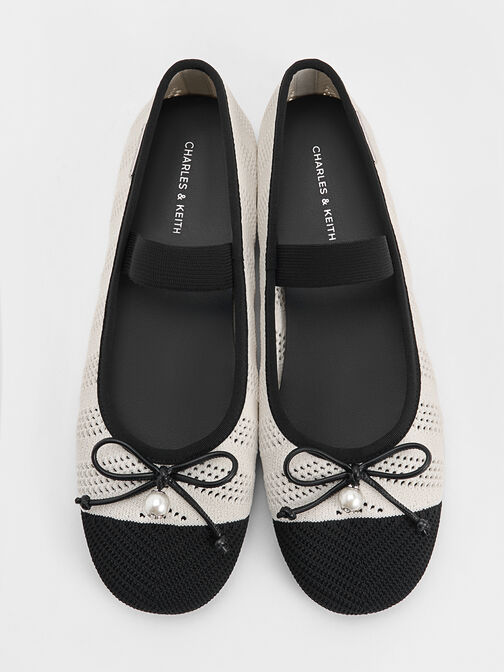 Knitted Pearl-Accent Bow Ballet Flats, Chalk, hi-res