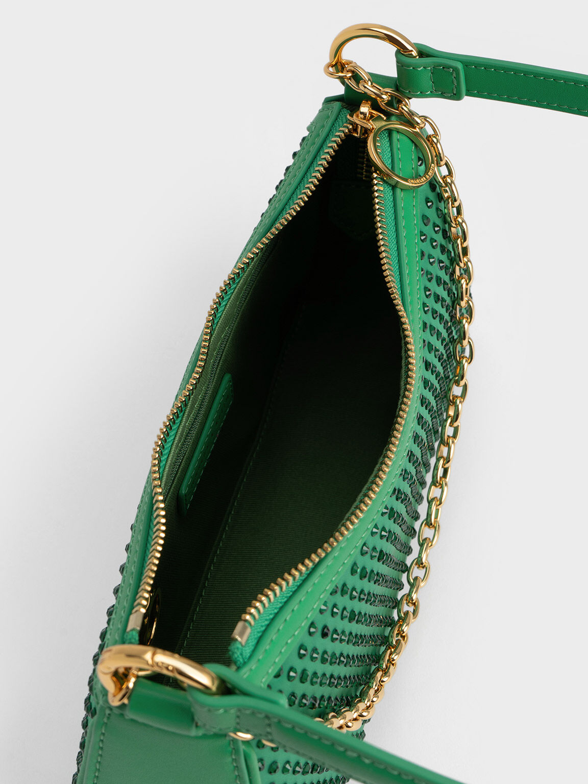 Bolso al Hombro de Satín con Adornos de Cristal, Green, hi-res