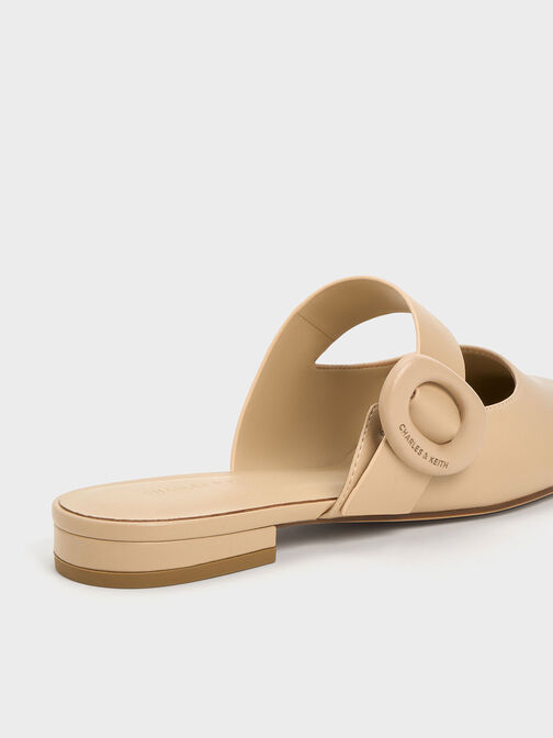 Oval-Buckle Flat Mules, Beige, hi-res