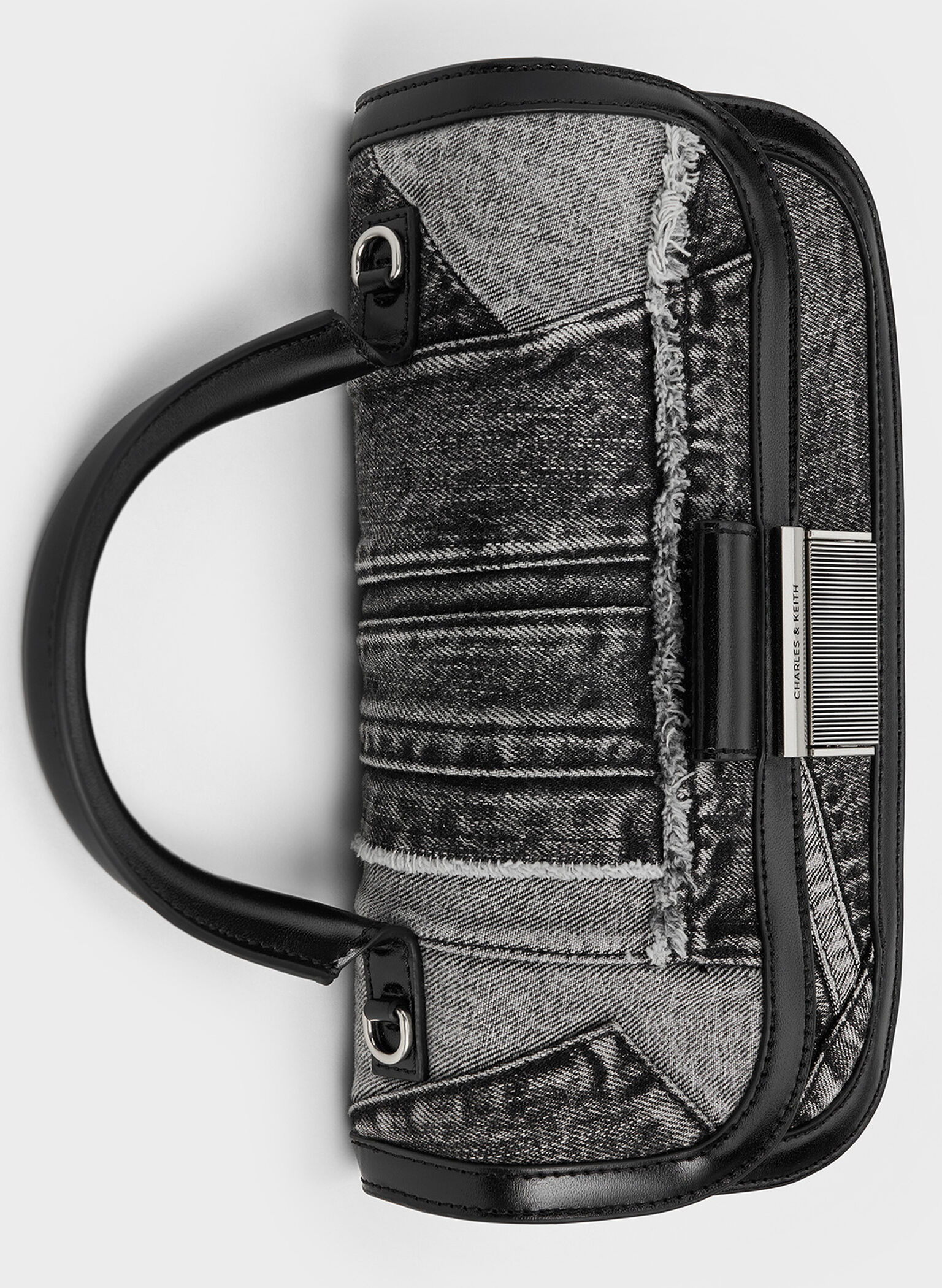Bolso hobo Charlot alargado de retacería denim con asa superior, Noir, hi-res