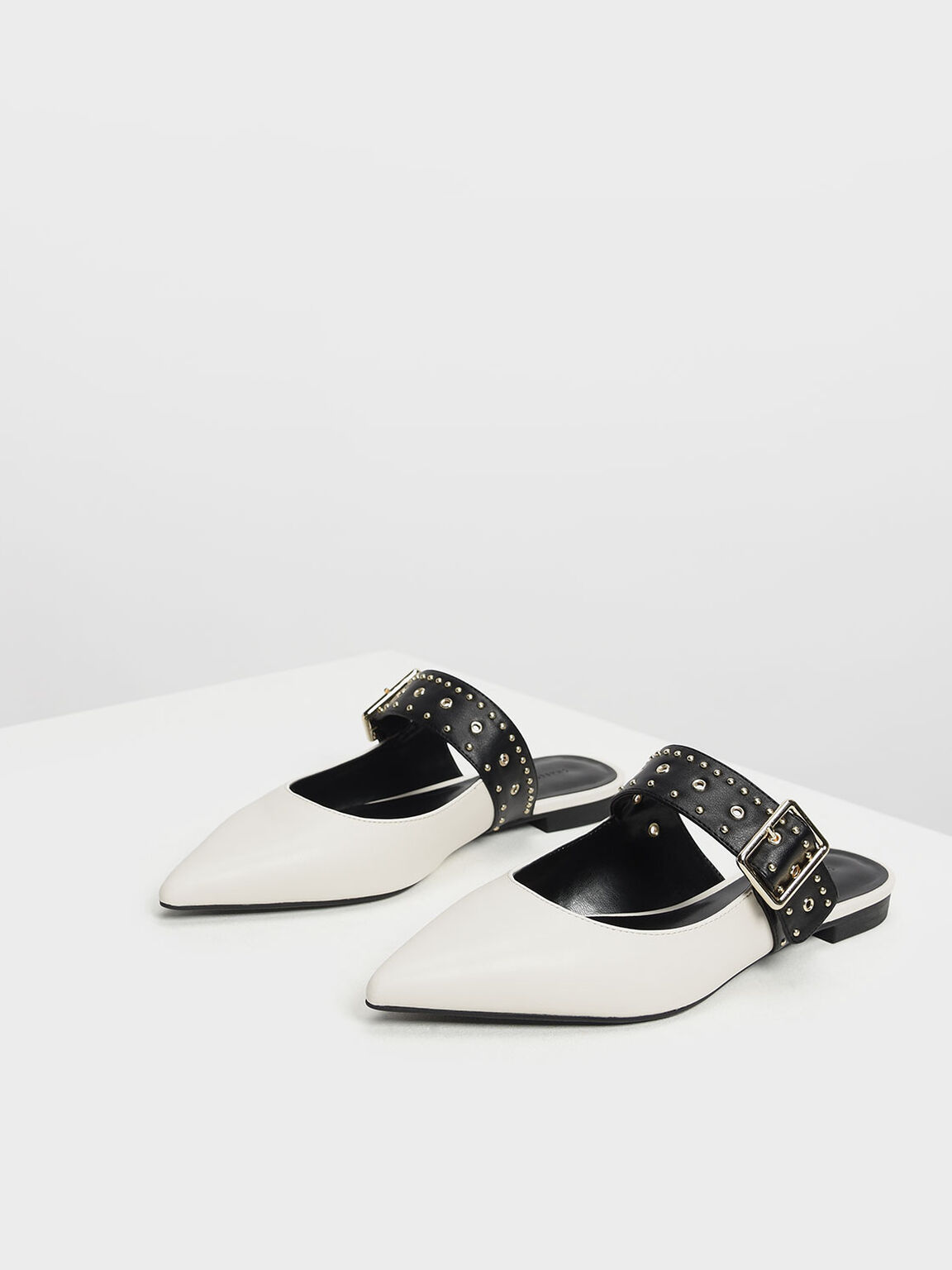 Studded Buckle Mules, Chalk, hi-res