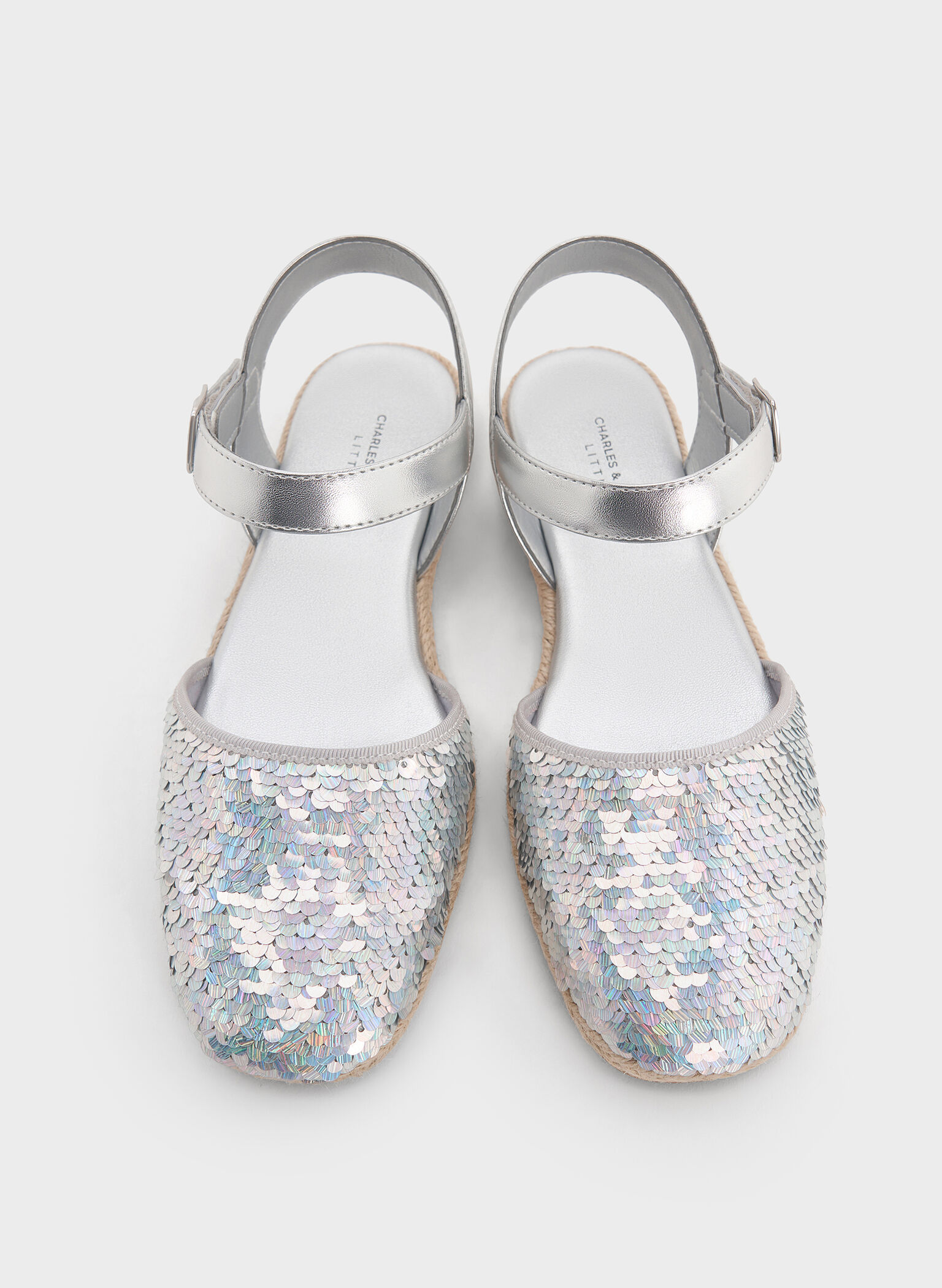 Girls' Sequin Espadrille Flats, Silver, hi-res