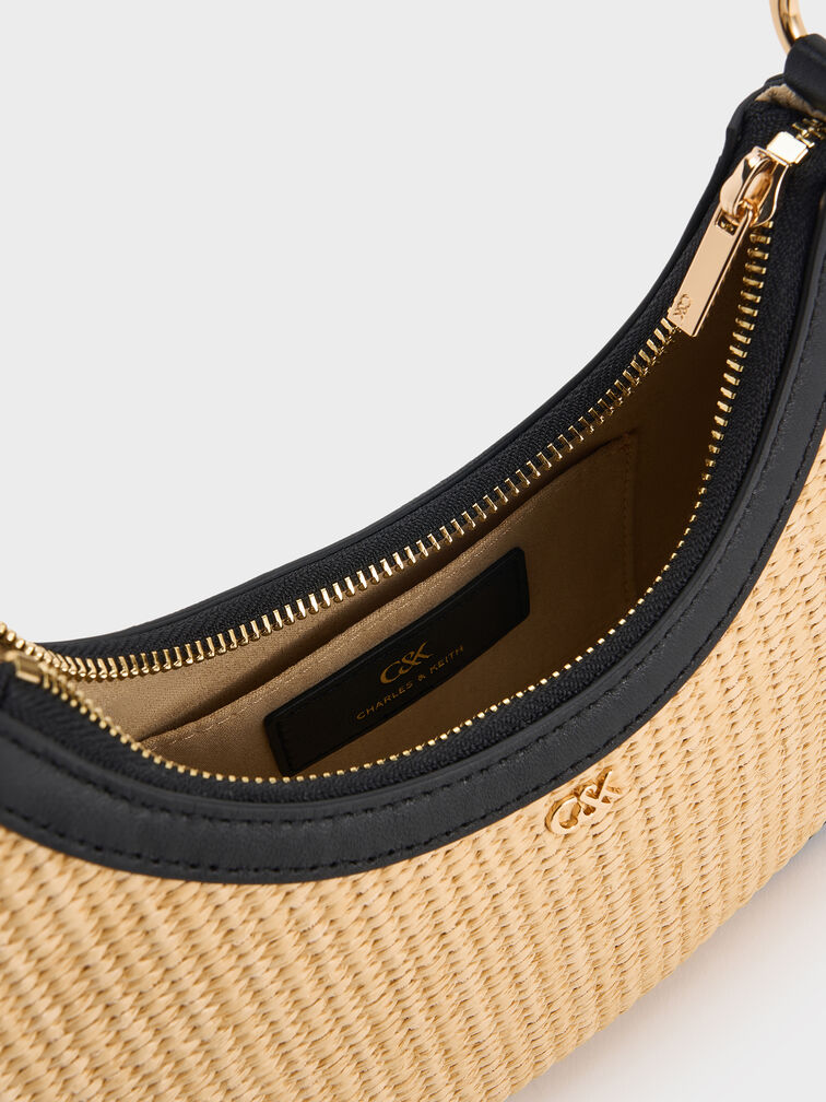Bolso hobo de cuero y rafia en forma de media luna, Rafia neutral, hi-res