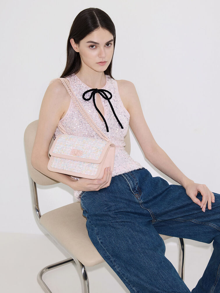 Micaela Tweed Quilted Chain Bag, Light Pink, hi-res