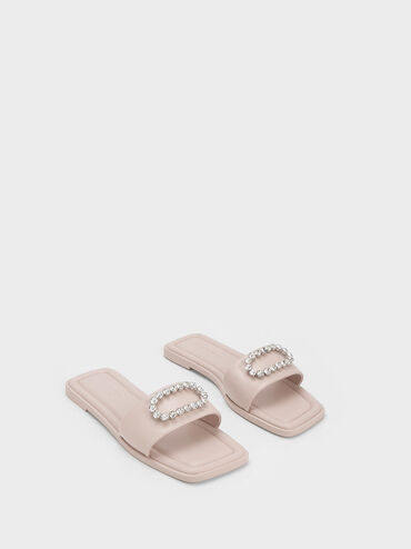 Gem-Embellished Leather Slides, Nude, hi-res