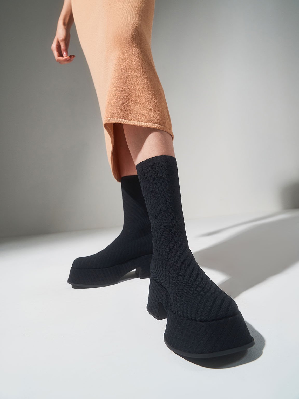 Knitted Platform Sock Boots, Black, hi-res