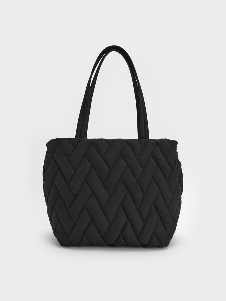 Bolso tote estilo chevron de nylon, negro azabache, hi-res