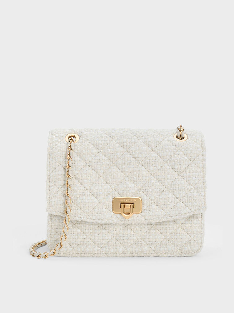 Croc-Effect Chain Strap Crossbody Bag - Chalk