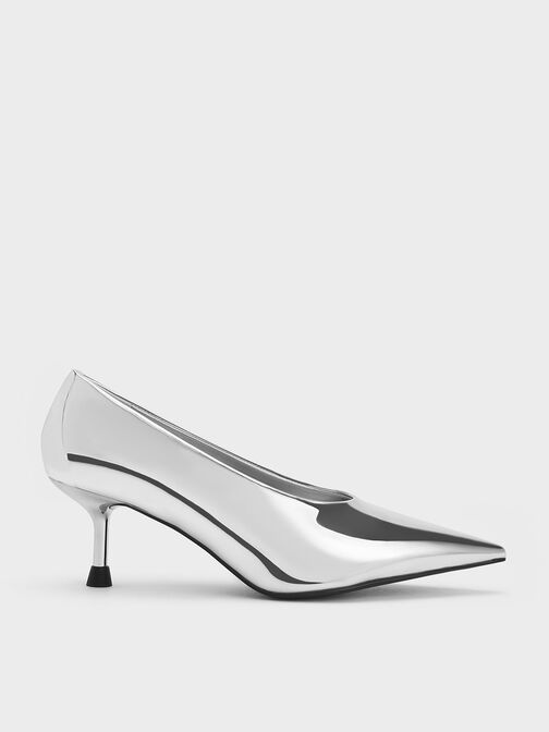 Metallic Pointed-Toe Kitten-Heel Pumps, Silver, hi-res