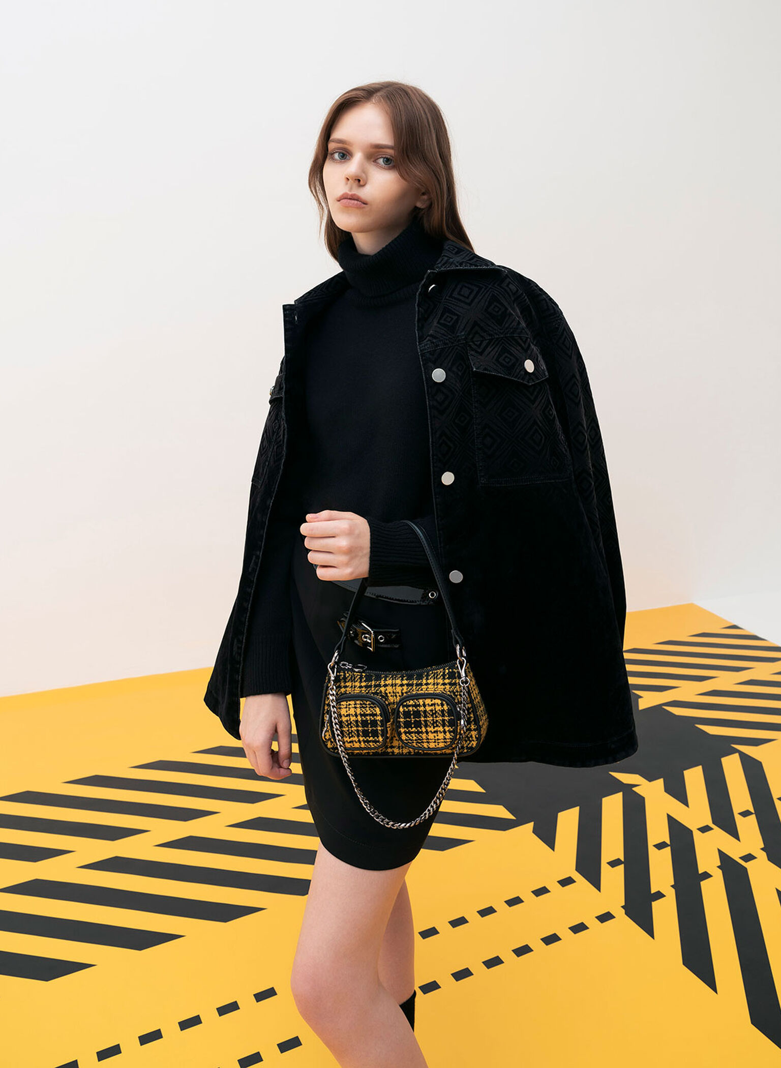 Woven Check-Print Shoulder Bag, Multi, hi-res