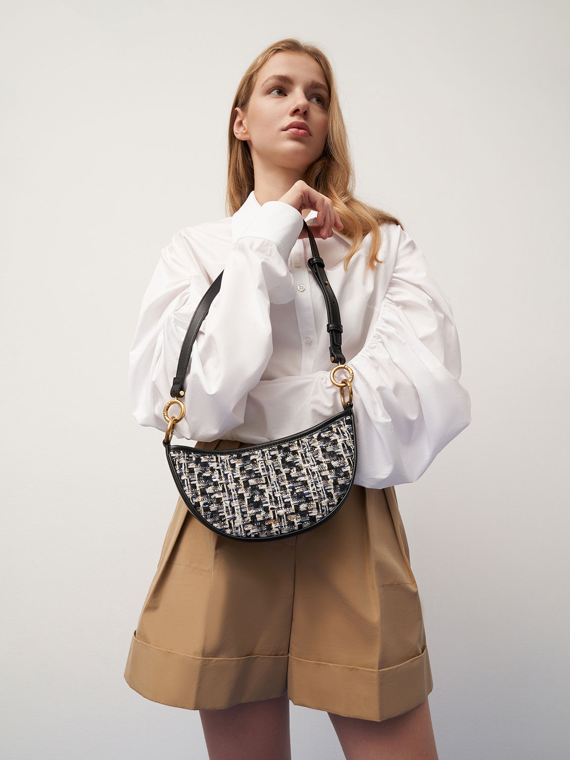 Dancer Tweed Crescent Crossbody Bag, Navy, hi-res