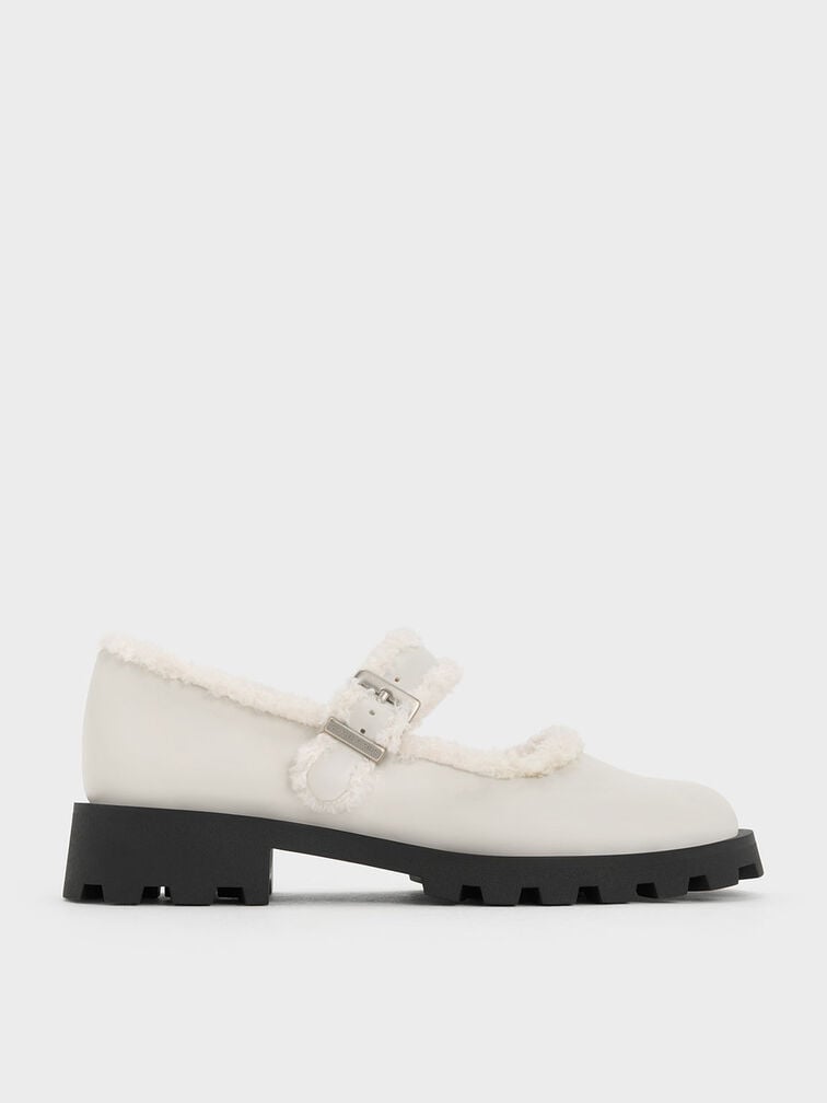 Fur-Trim Buckled Mary Janes, Chalk, hi-res