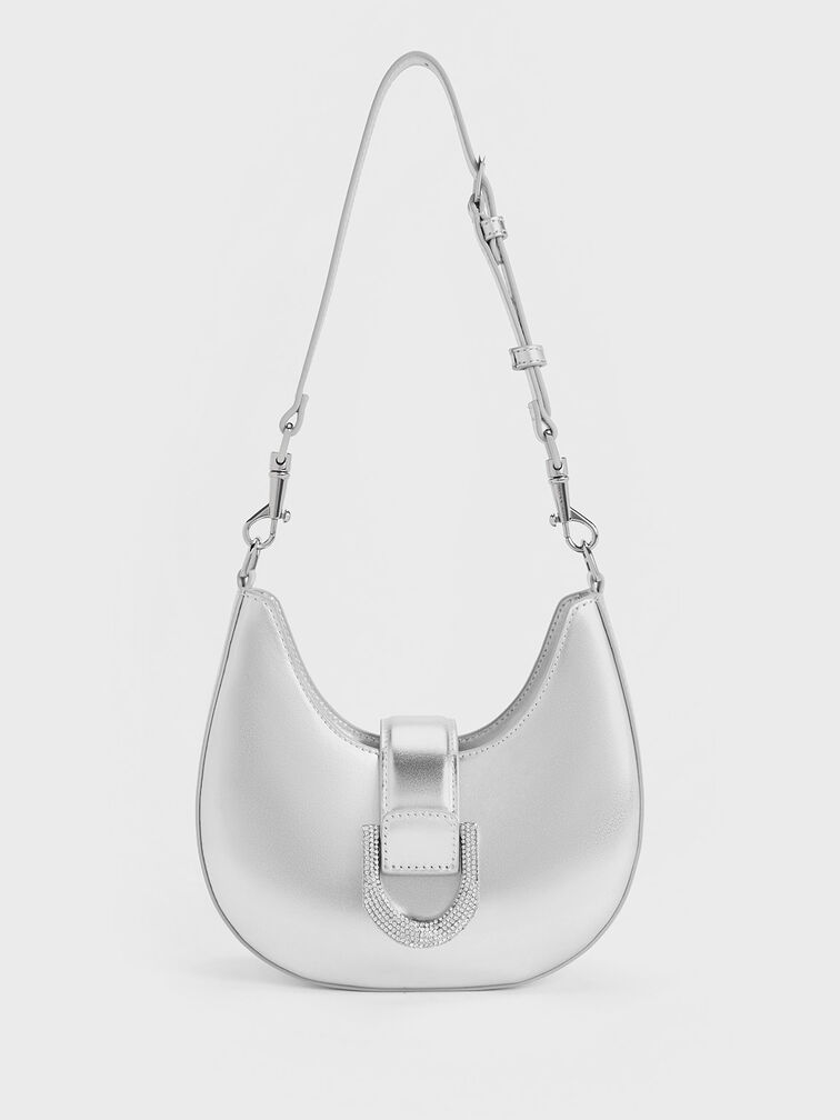 Gabine Metallic Leather Gem-Embellished Hobo Bag, Silver, hi-res