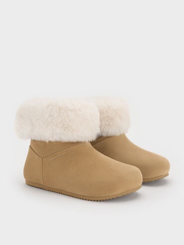 Girls' Faux Suede & Faux Fur Foldover Ankle Boots, Sand, hi-res
