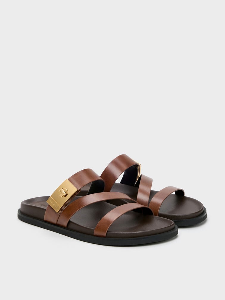 Sandales &agrave; lani&egrave;res et boucle m&eacute;tallique Aelin, Cognac, hi-res
