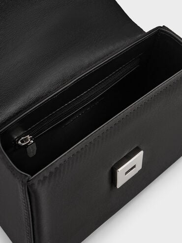 Satin Crystal-Buckle Belted Top Handle Bag, Noir, hi-res