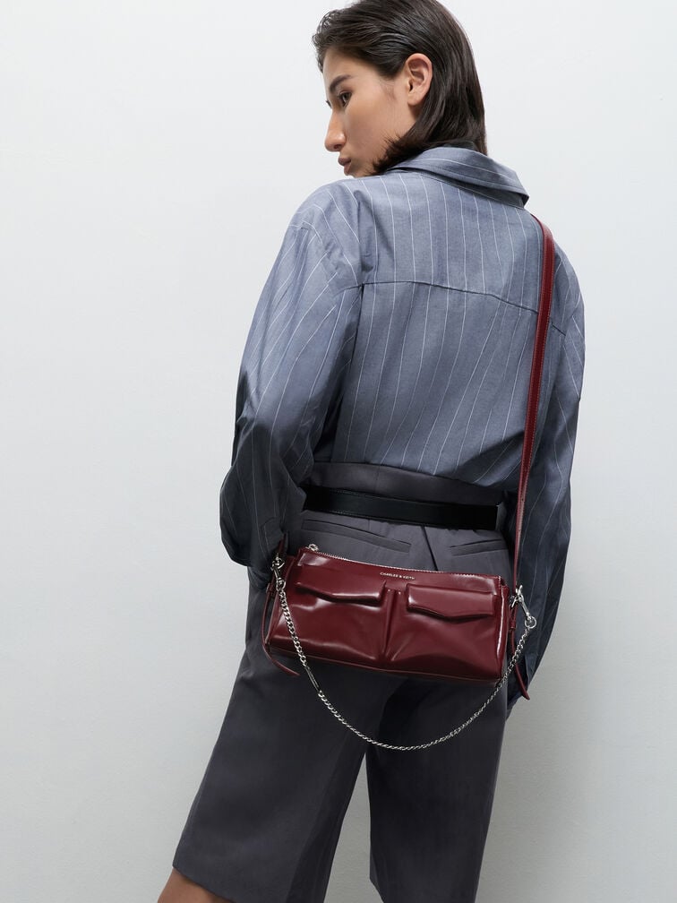 Rachel Elongated Front-Pocket Chain-Handle Bag, Burgundy, hi-res