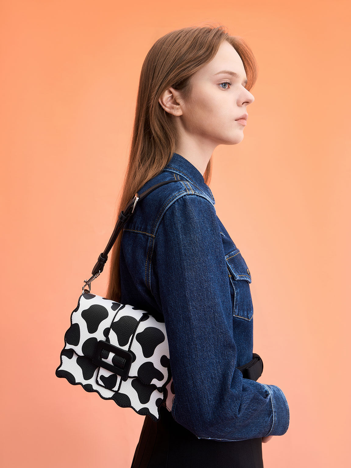Waverly Cow Print Scallop-Trim Bag, Chalk, hi-res