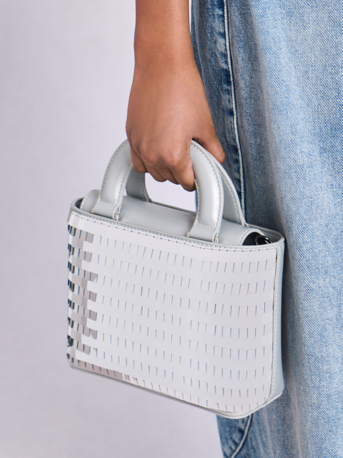Sequinned Double Handle Tote Bag, Silver, hi-res