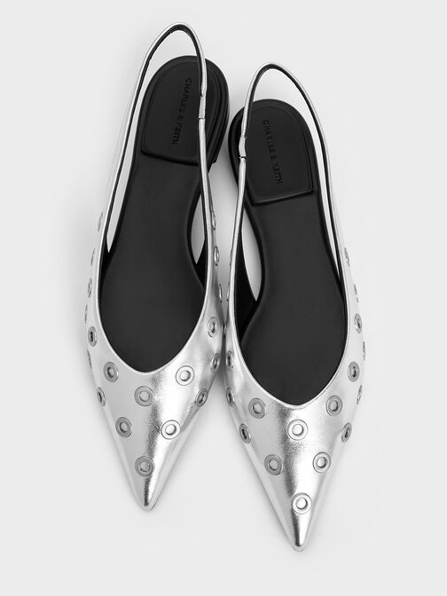 Metallic Grommet Pointed-Toe Slingback Flats, Silver, hi-res